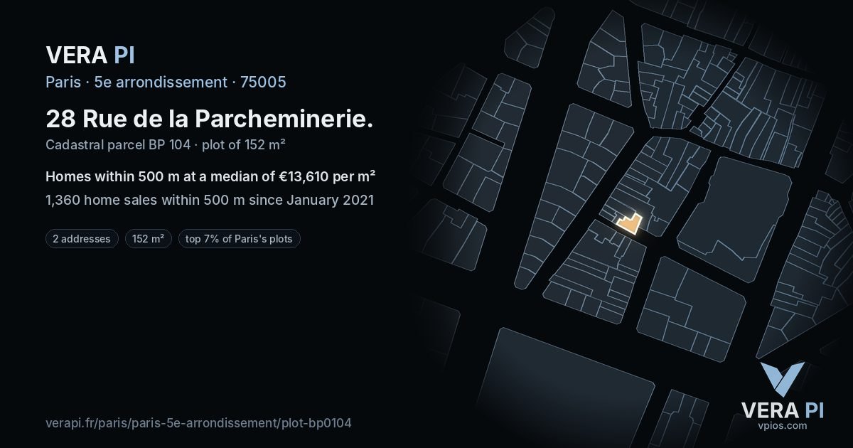 28 Rue de la Parcheminerie, 5e arrondissement at night – the plot lit, the parcels around coloured by the prices near them