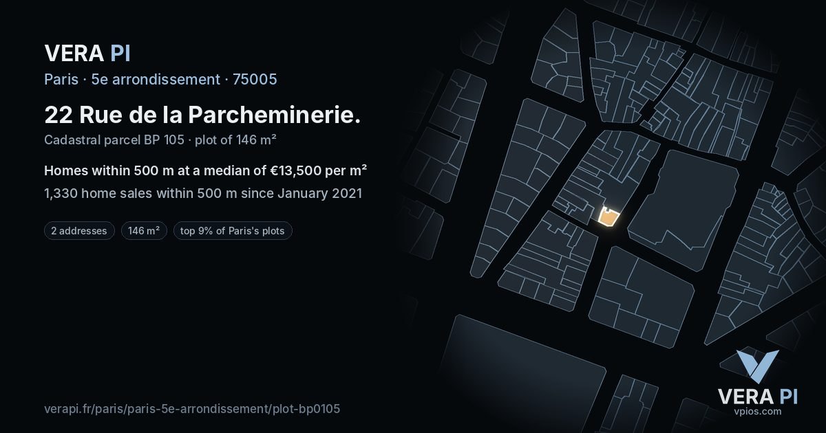 22 Rue de la Parcheminerie, 5e arrondissement at night – the plot lit, the parcels around coloured by the prices near them