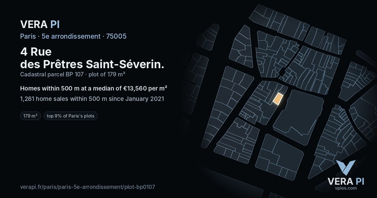 4 Rue des Prêtres Saint-Séverin, 5e arrondissement at night – the plot lit, the parcels around coloured by the prices near them