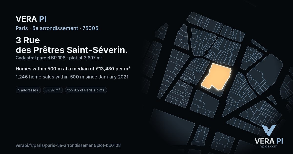 3 Rue des Prêtres Saint-Séverin, 5e arrondissement at night – the plot lit, the parcels around coloured by the prices near them