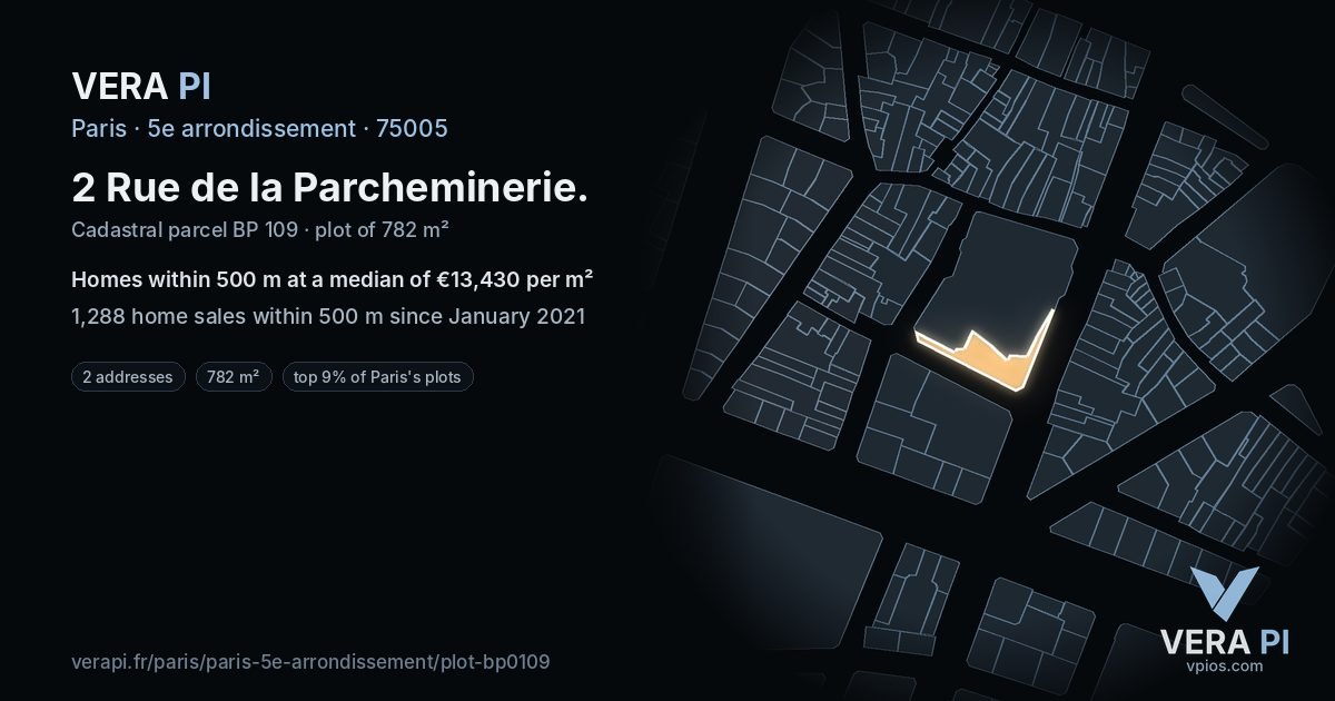 2 Rue de la Parcheminerie, 5e arrondissement at night – the plot lit, the parcels around coloured by the prices near them