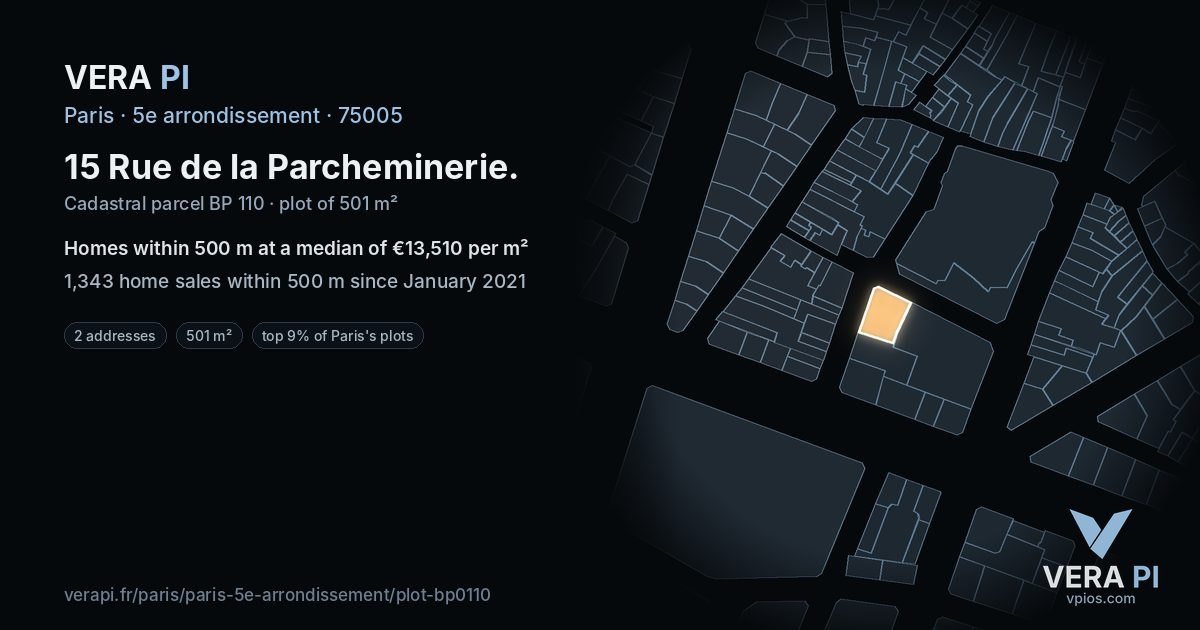 15 Rue de la Parcheminerie, 5e arrondissement at night – the plot lit, the parcels around coloured by the prices near them