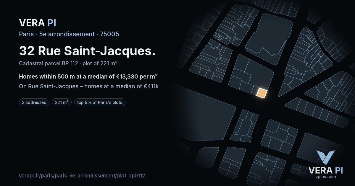 32 Rue Saint-Jacques, 5e arrondissement at night – the plot lit, the parcels around coloured by the prices near them