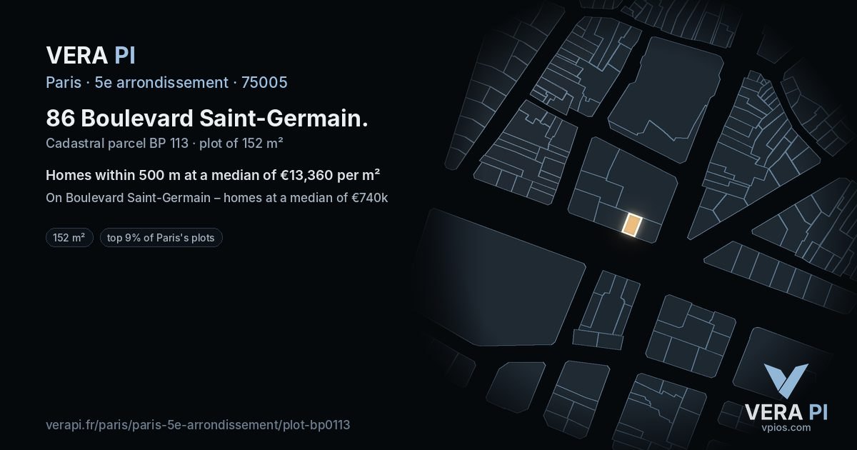86 Boulevard Saint-Germain, 5e arrondissement at night – the plot lit, the parcels around coloured by the prices near them