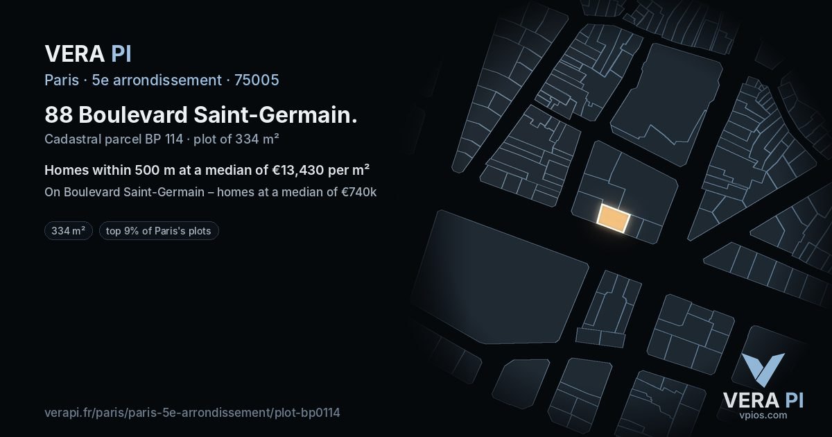 88 Boulevard Saint-Germain, 5e arrondissement at night – the plot lit, the parcels around coloured by the prices near them