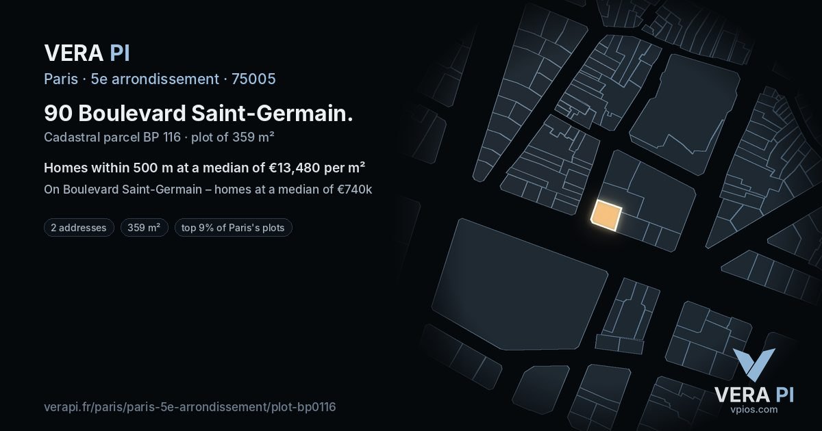 90 Boulevard Saint-Germain, 5e arrondissement at night – the plot lit, the parcels around coloured by the prices near them