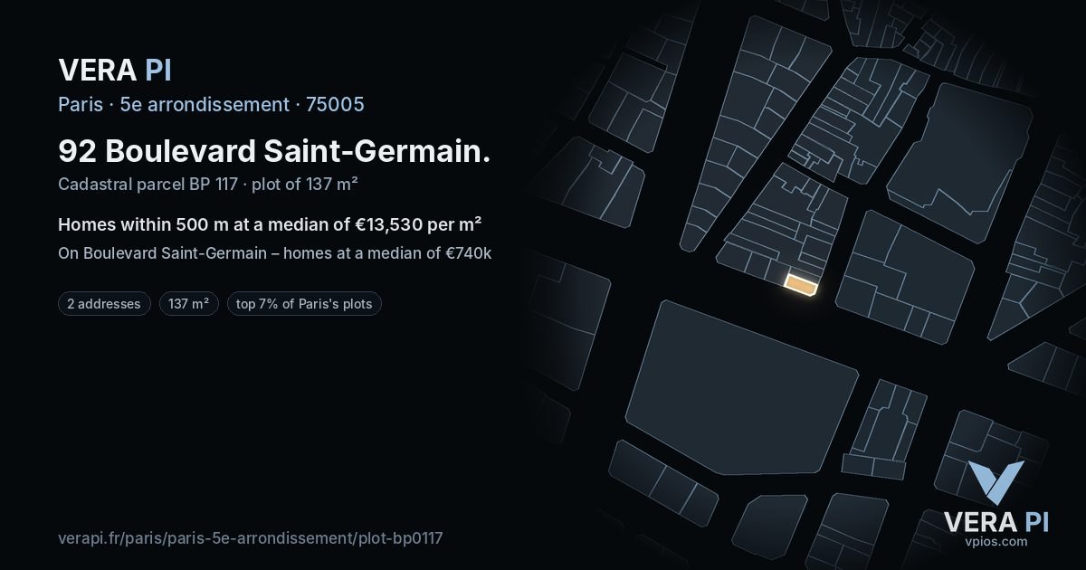 92 Boulevard Saint-Germain, 5e arrondissement at night – the plot lit, the parcels around coloured by the prices near them