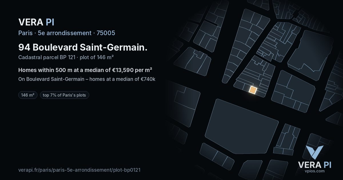 94 Boulevard Saint-Germain, 5e arrondissement at night – the plot lit, the parcels around coloured by the prices near them
