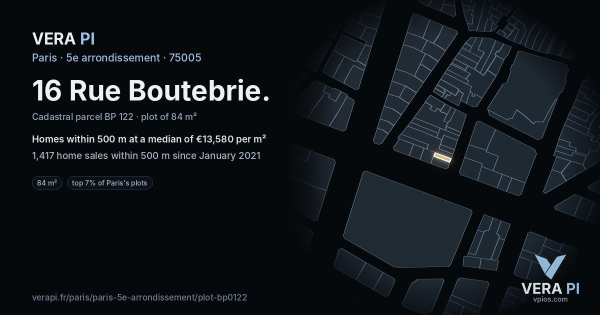 16 Rue Boutebrie, 5e arrondissement at night – the plot lit, the parcels around coloured by the prices near them