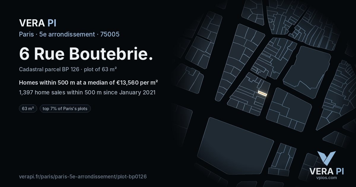 6 Rue Boutebrie, 5e arrondissement at night – the plot lit, the parcels around coloured by the prices near them