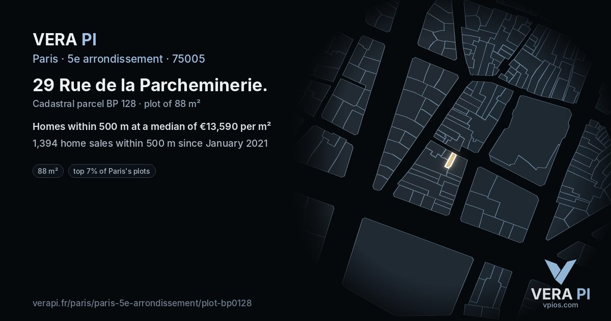29 Rue de la Parcheminerie, 5e arrondissement at night – the plot lit, the parcels around coloured by the prices near them