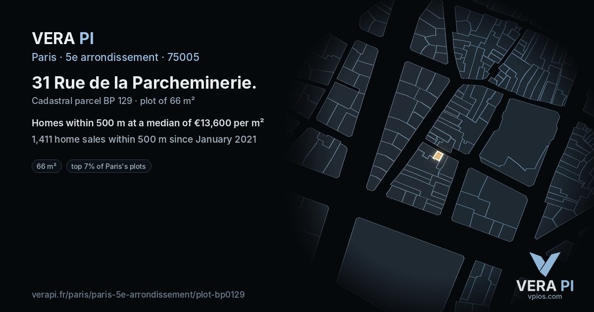 31 Rue de la Parcheminerie, 5e arrondissement at night – the plot lit, the parcels around coloured by the prices near them