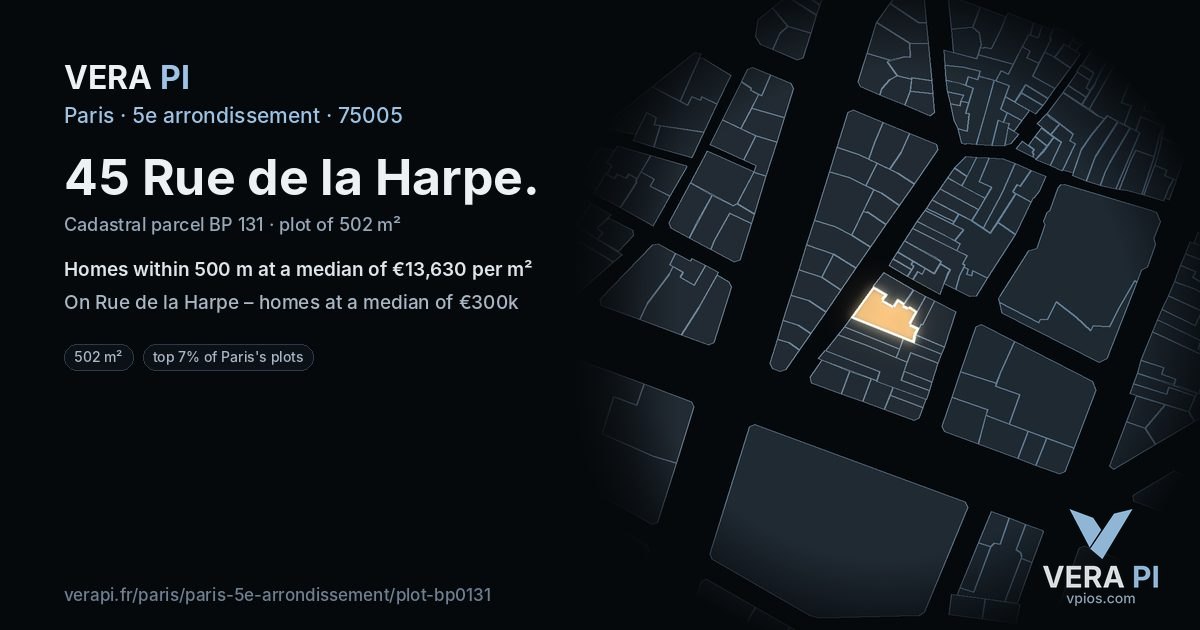 45 Rue de la Harpe, 5e arrondissement at night – the plot lit, the parcels around coloured by the prices near them