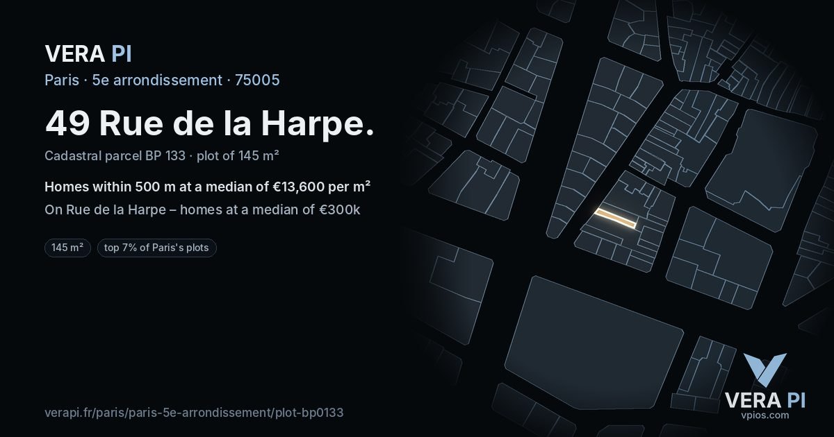 49 Rue de la Harpe, 5e arrondissement at night – the plot lit, the parcels around coloured by the prices near them