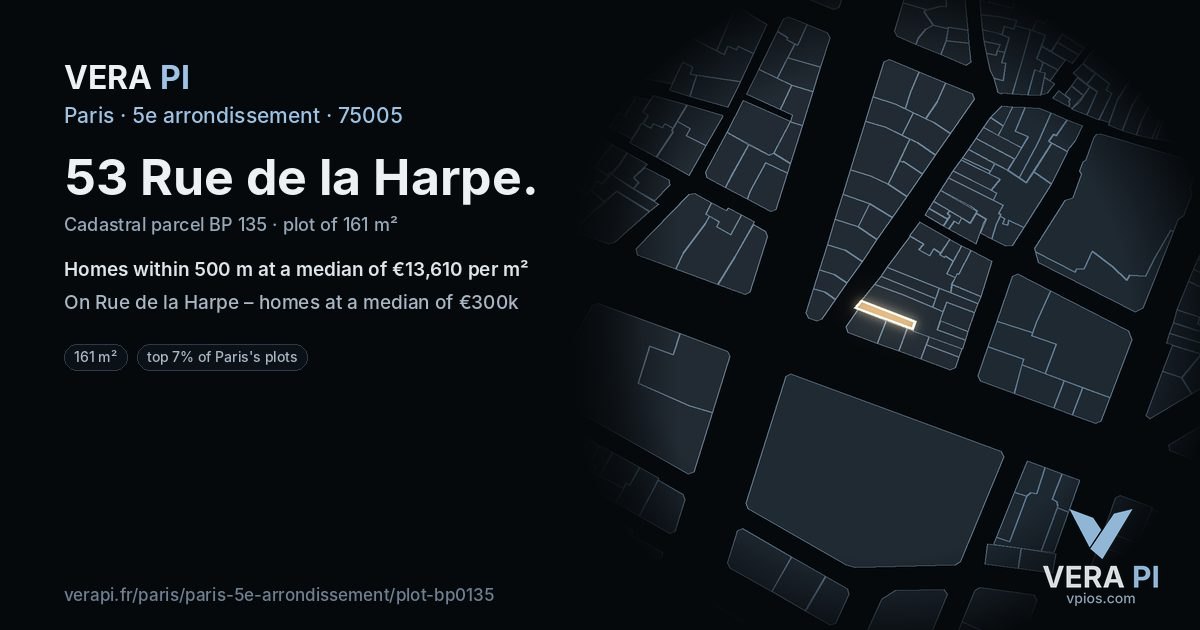 53 Rue de la Harpe, 5e arrondissement at night – the plot lit, the parcels around coloured by the prices near them