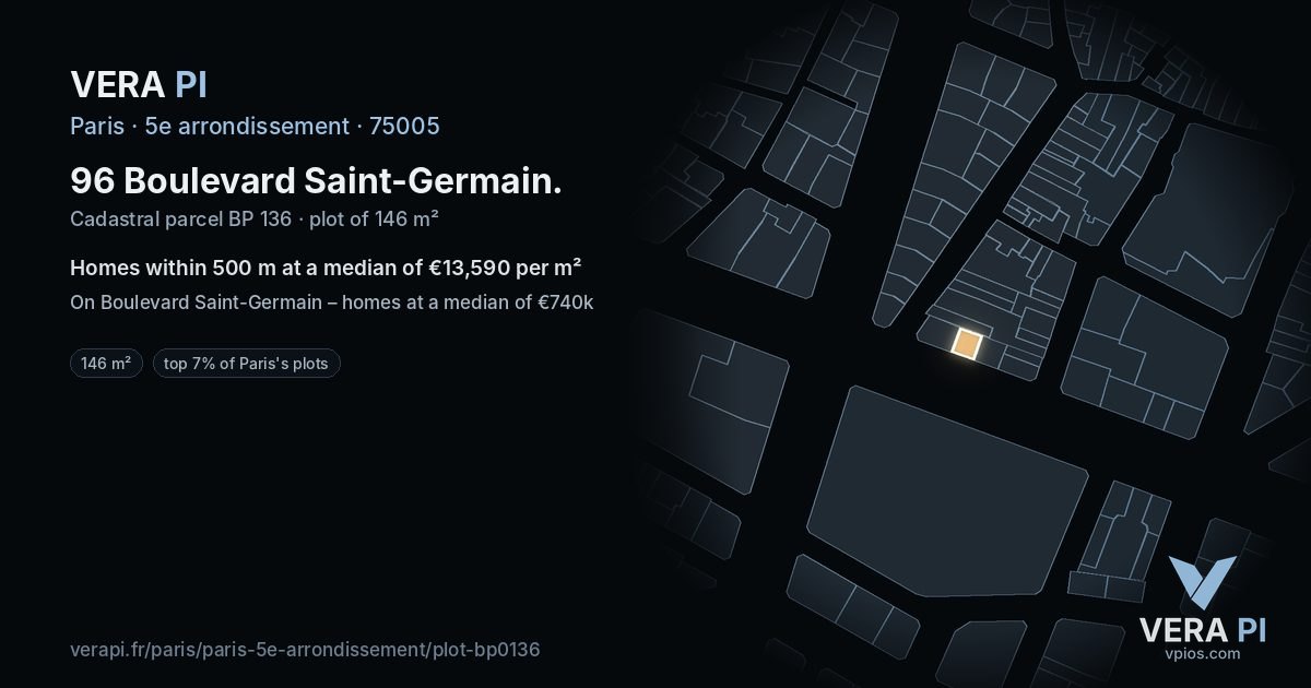 96 Boulevard Saint-Germain, 5e arrondissement at night – the plot lit, the parcels around coloured by the prices near them
