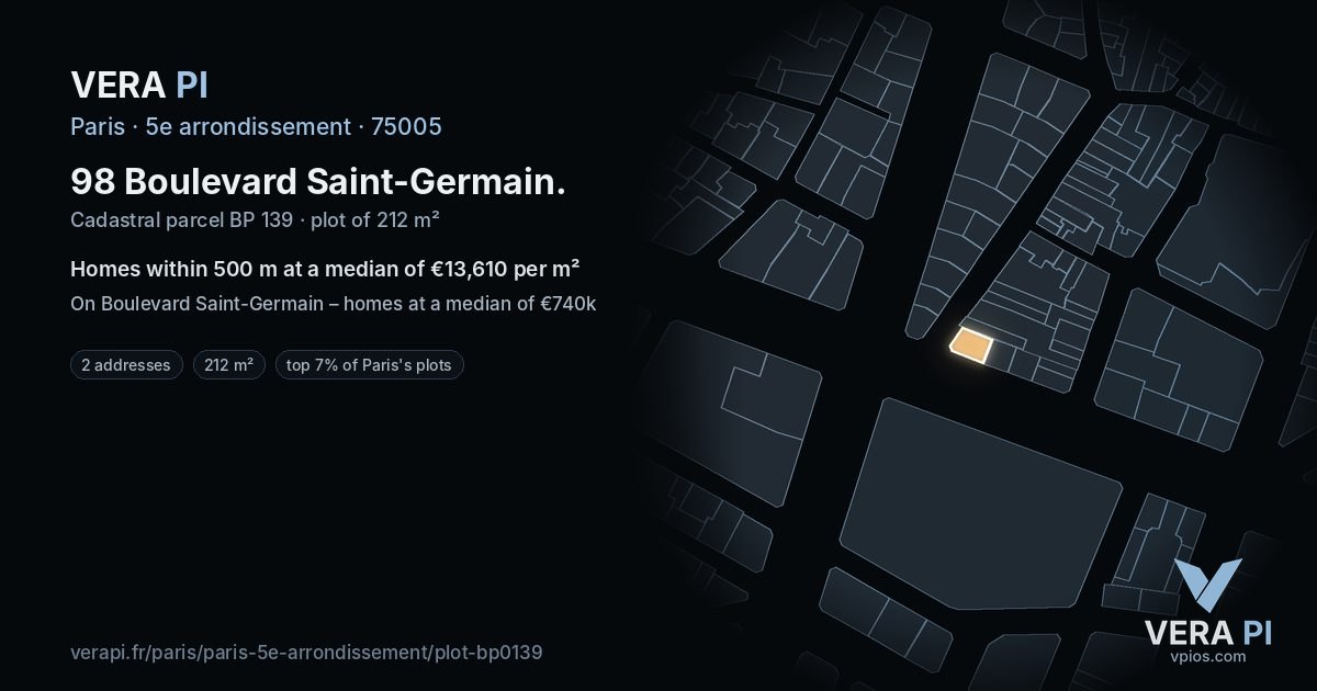 98 Boulevard Saint-Germain, 5e arrondissement at night – the plot lit, the parcels around coloured by the prices near them