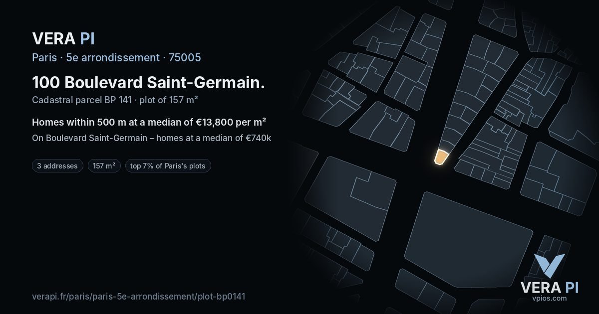 100 Boulevard Saint-Germain, 5e arrondissement at night – the plot lit, the parcels around coloured by the prices near them
