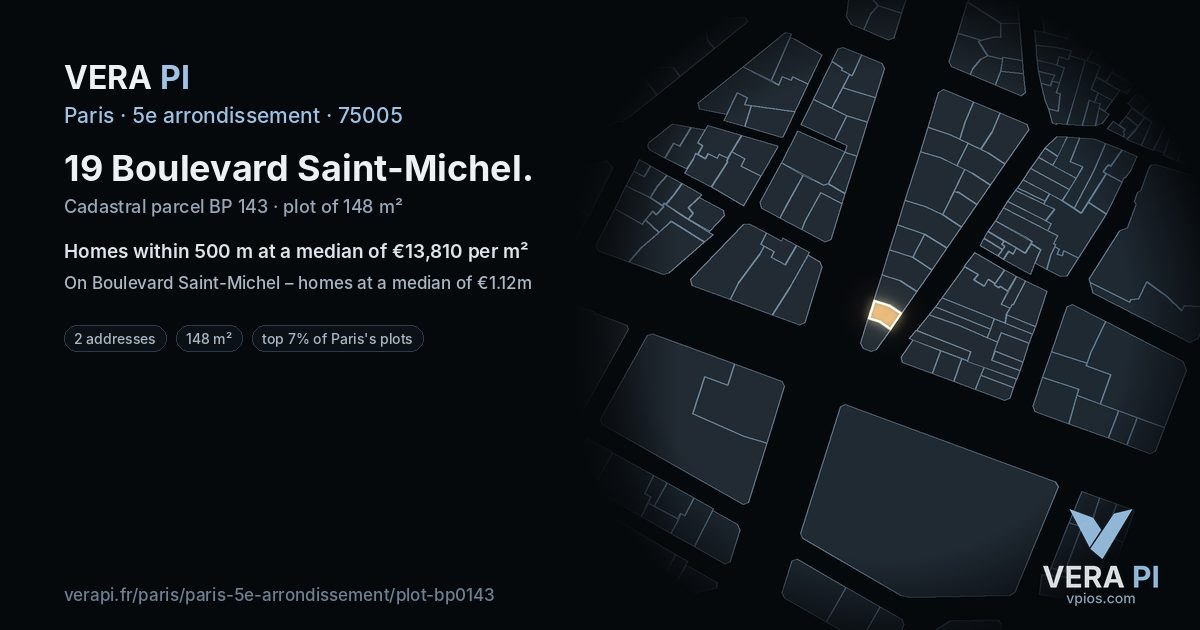 19 Boulevard Saint-Michel, 5e arrondissement at night – the plot lit, the parcels around coloured by the prices near them