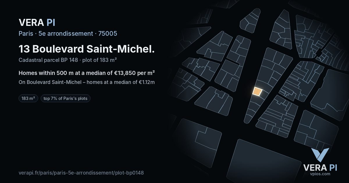 13 Boulevard Saint-Michel, 5e arrondissement at night – the plot lit, the parcels around coloured by the prices near them