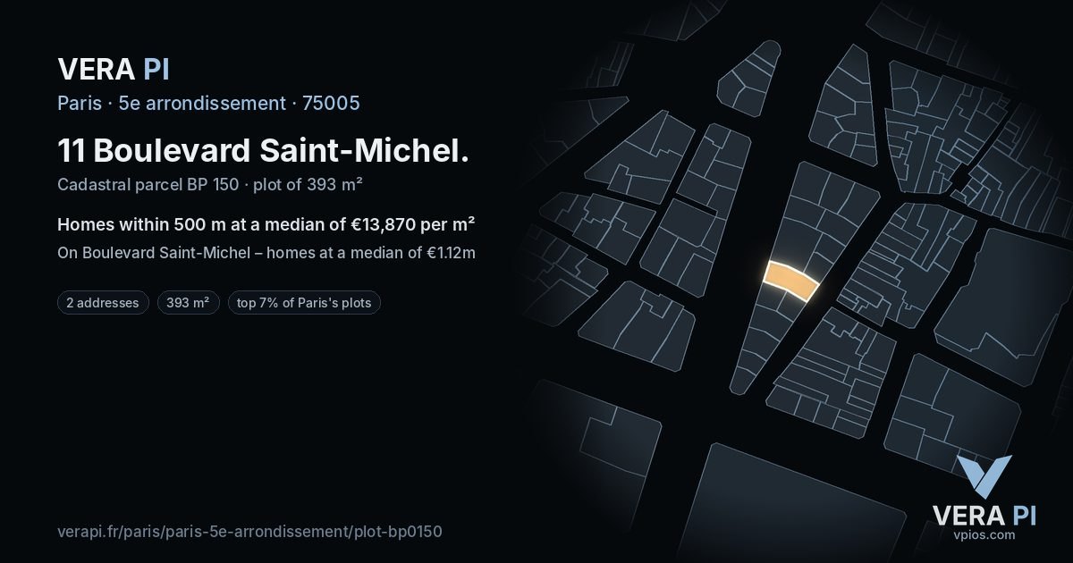 11 Boulevard Saint-Michel, 5e arrondissement at night – the plot lit, the parcels around coloured by the prices near them