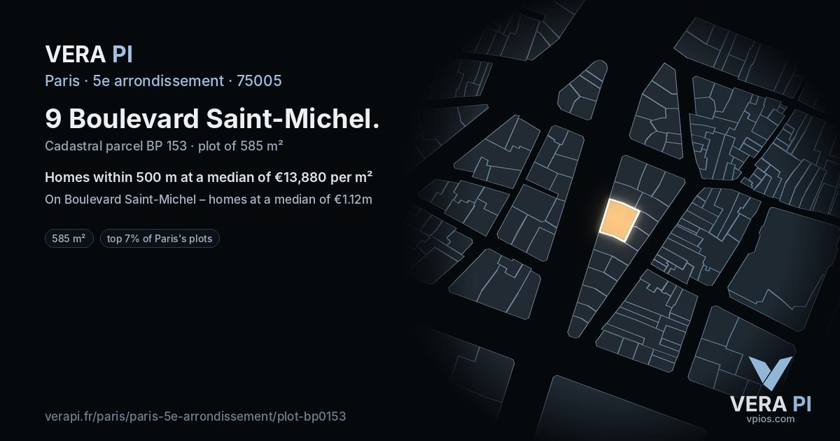 9 Boulevard Saint-Michel, 5e arrondissement at night – the plot lit, the parcels around coloured by the prices near them