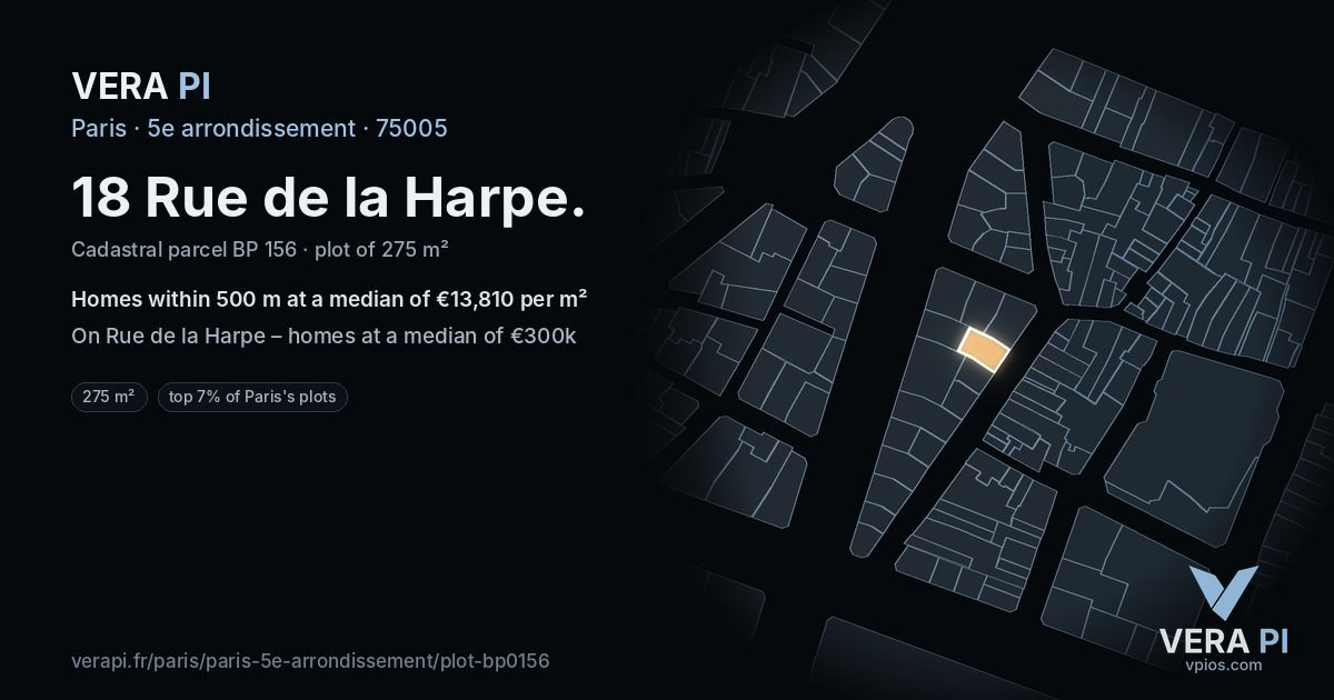 18 Rue de la Harpe, 5e arrondissement at night – the plot lit, the parcels around coloured by the prices near them