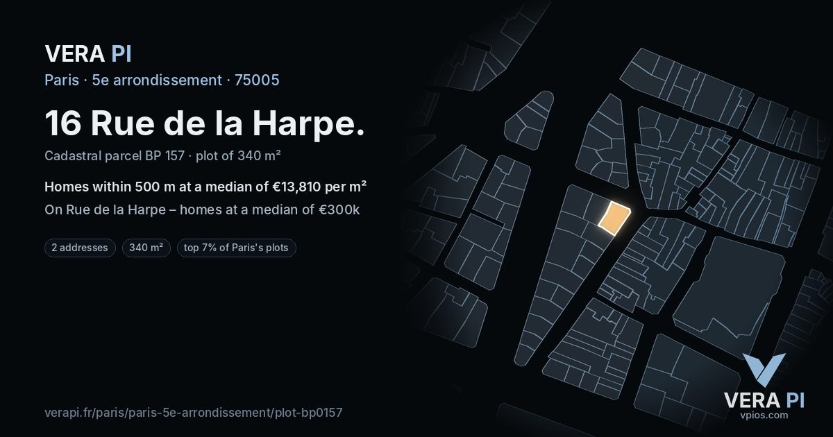 16 Rue de la Harpe, 5e arrondissement at night – the plot lit, the parcels around coloured by the prices near them