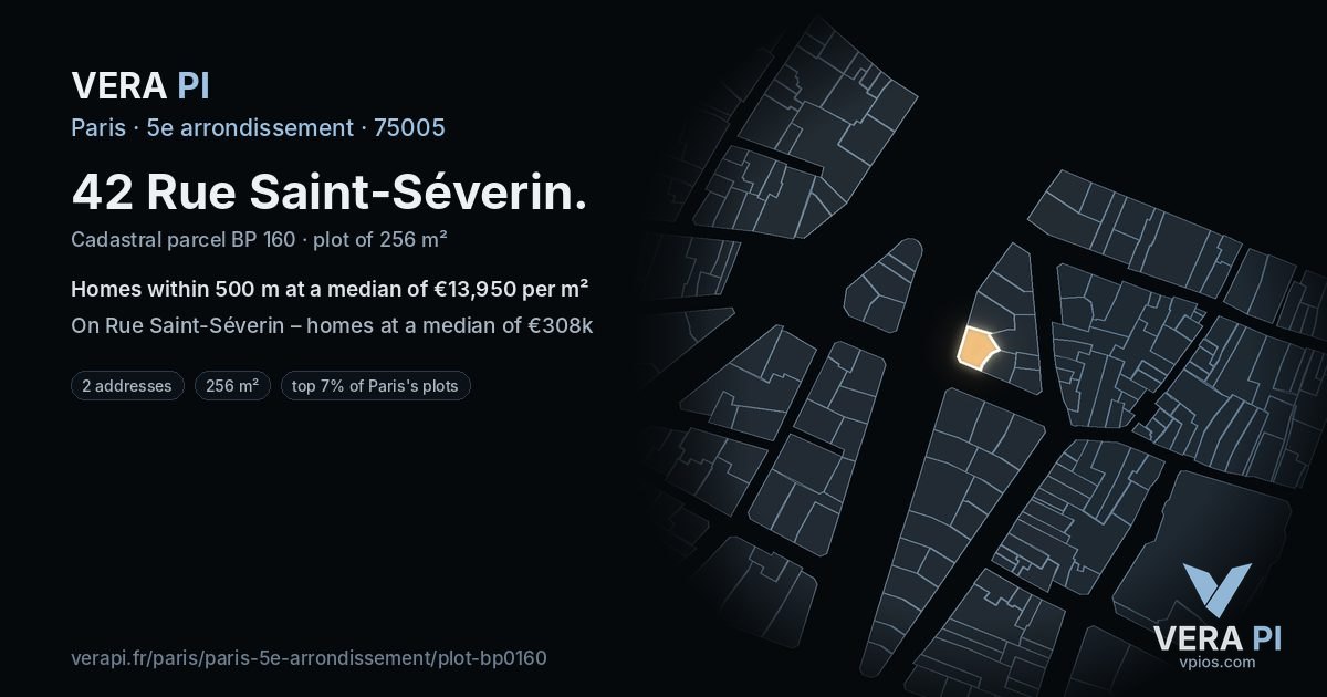 42 Rue Saint-Séverin, 5e arrondissement at night – the plot lit, the parcels around coloured by the prices near them