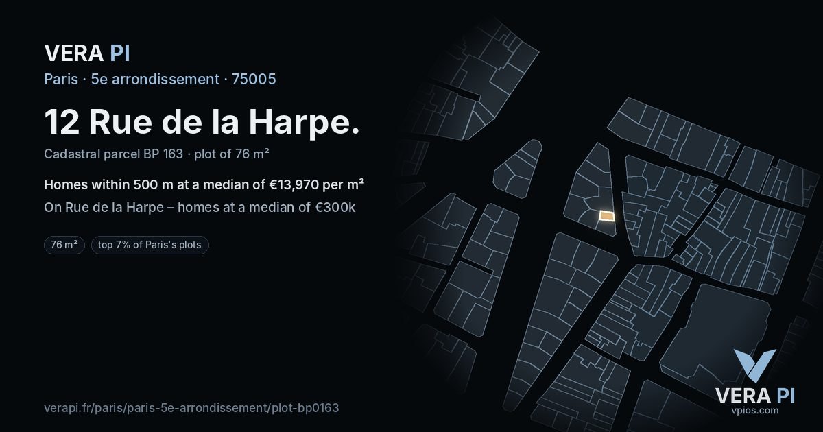 12 Rue de la Harpe, 5e arrondissement at night – the plot lit, the parcels around coloured by the prices near them