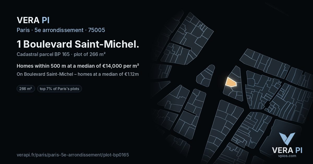 1 Boulevard Saint-Michel, 5e arrondissement at night – the plot lit, the parcels around coloured by the prices near them