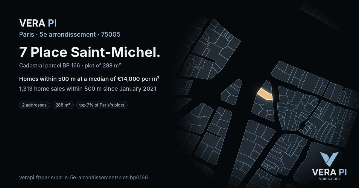 7 Place Saint-Michel, 5e arrondissement at night – the plot lit, the parcels around coloured by the prices near them