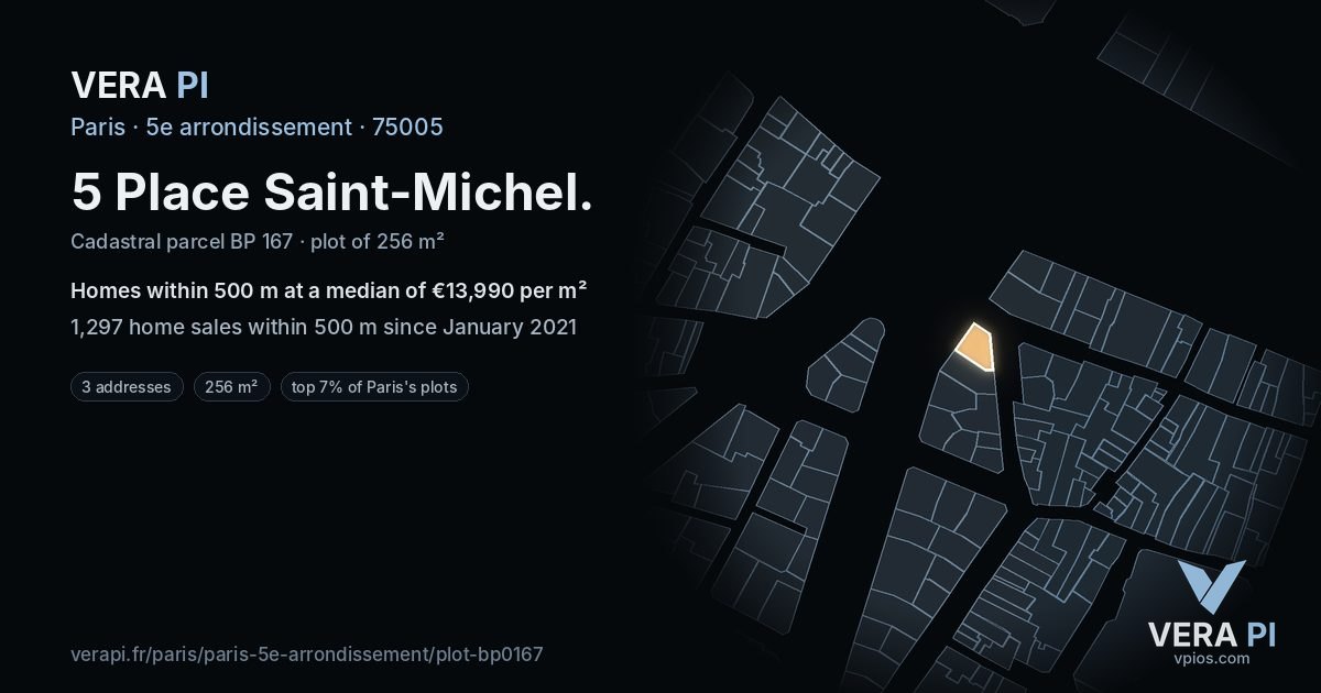 5 Place Saint-Michel, 5e arrondissement at night – the plot lit, the parcels around coloured by the prices near them