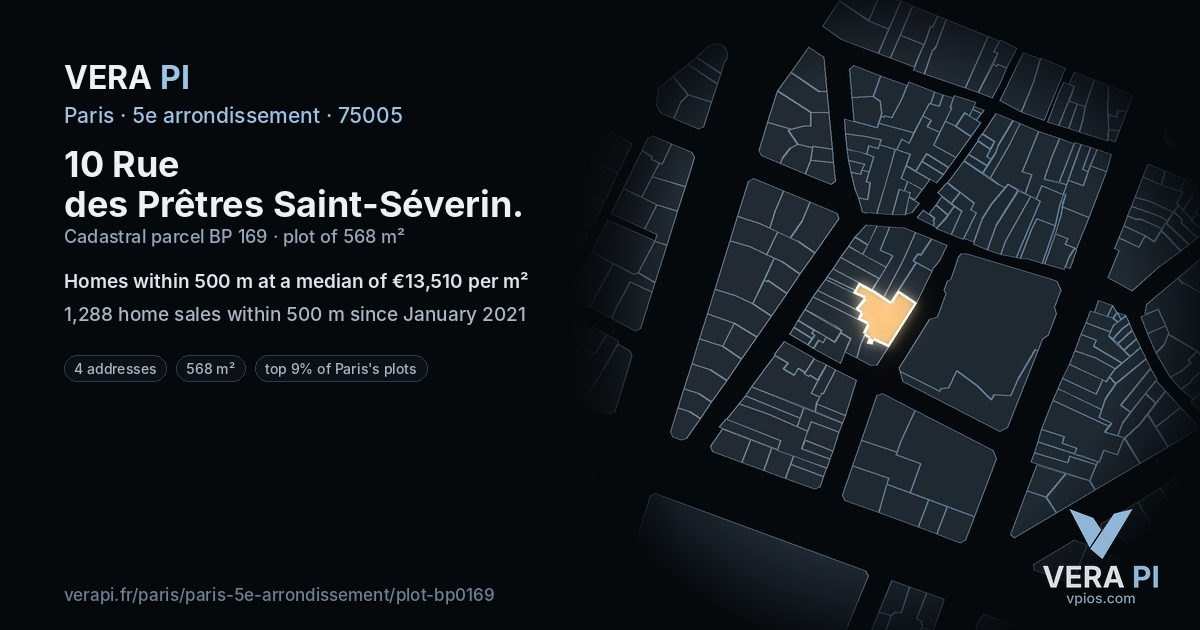 10 Rue des Prêtres Saint-Séverin, 5e arrondissement at night – the plot lit, the parcels around coloured by the prices near them