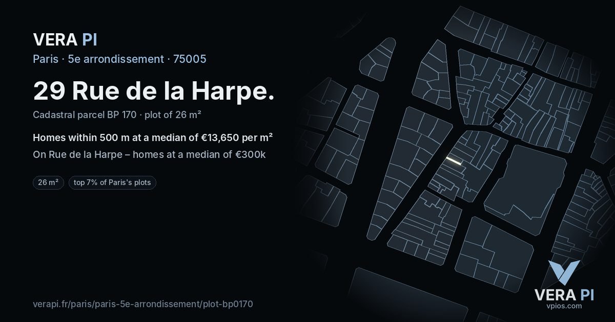 29 Rue de la Harpe, 5e arrondissement at night – the plot lit, the parcels around coloured by the prices near them
