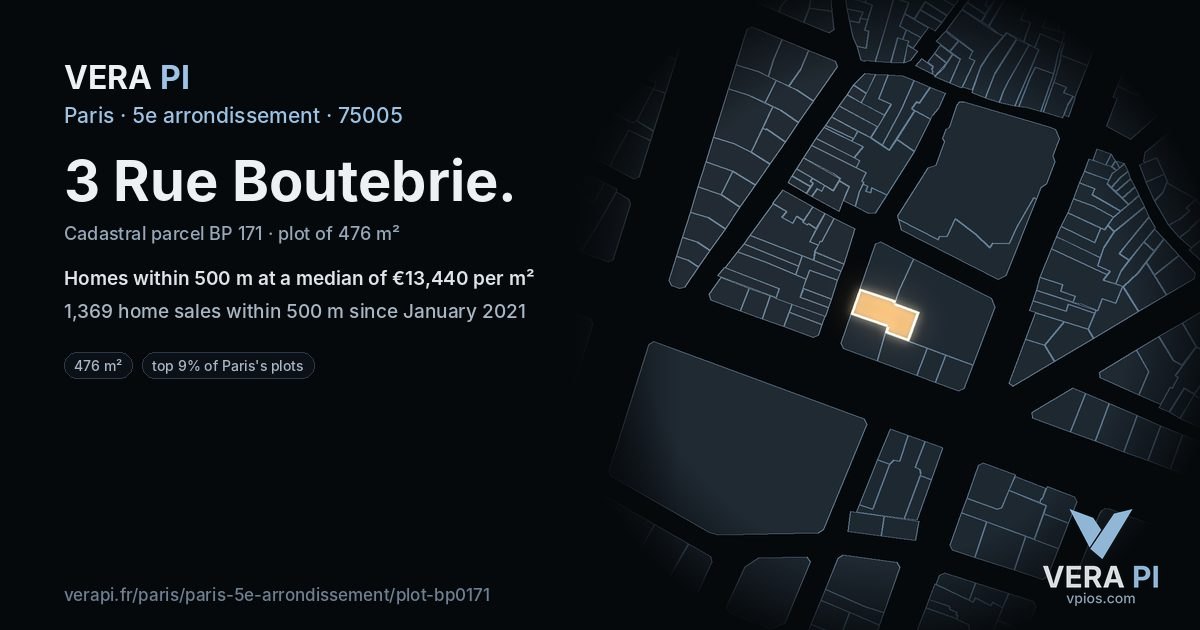 3 Rue Boutebrie, 5e arrondissement at night – the plot lit, the parcels around coloured by the prices near them