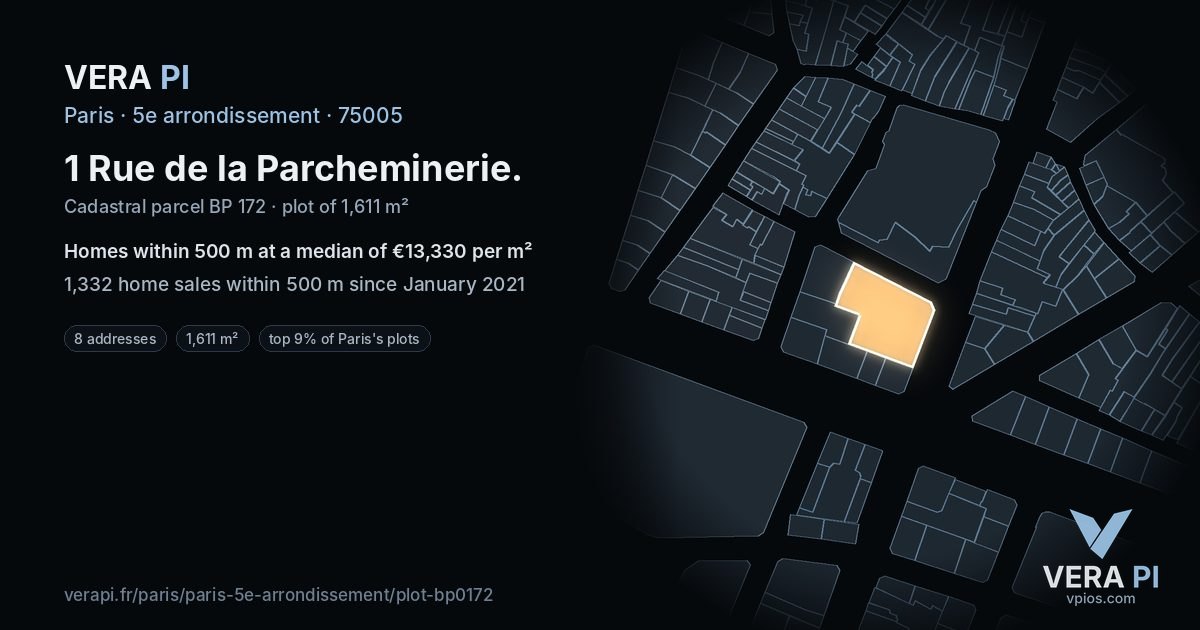 1 Rue de la Parcheminerie, 5e arrondissement at night – the plot lit, the parcels around coloured by the prices near them