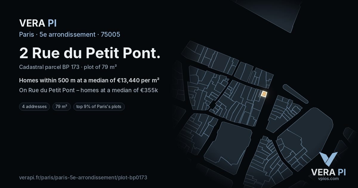 2 Rue du Petit Pont, 5e arrondissement at night – the plot lit, the parcels around coloured by the prices near them