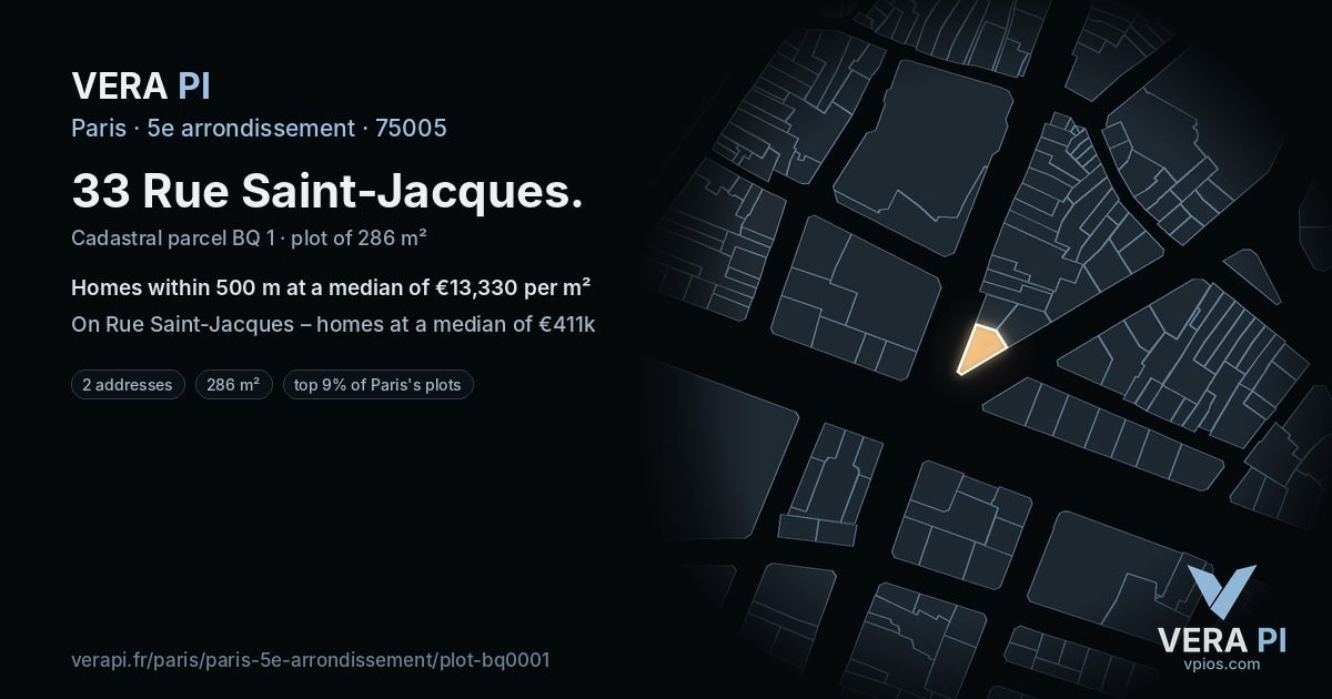 33 Rue Saint-Jacques, 5e arrondissement at night – the plot lit, the parcels around coloured by the prices near them