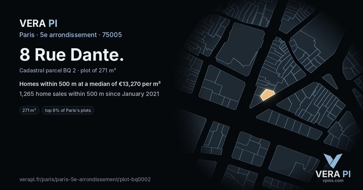 8 Rue Dante, 5e arrondissement at night – the plot lit, the parcels around coloured by the prices near them