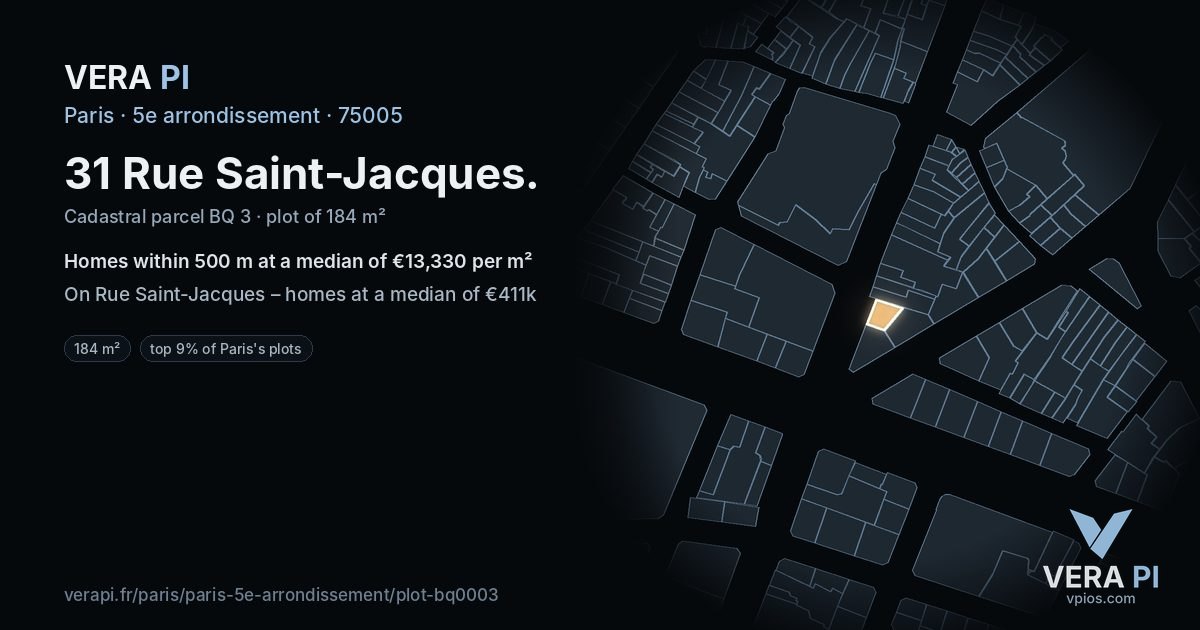 31 Rue Saint-Jacques, 5e arrondissement at night – the plot lit, the parcels around coloured by the prices near them