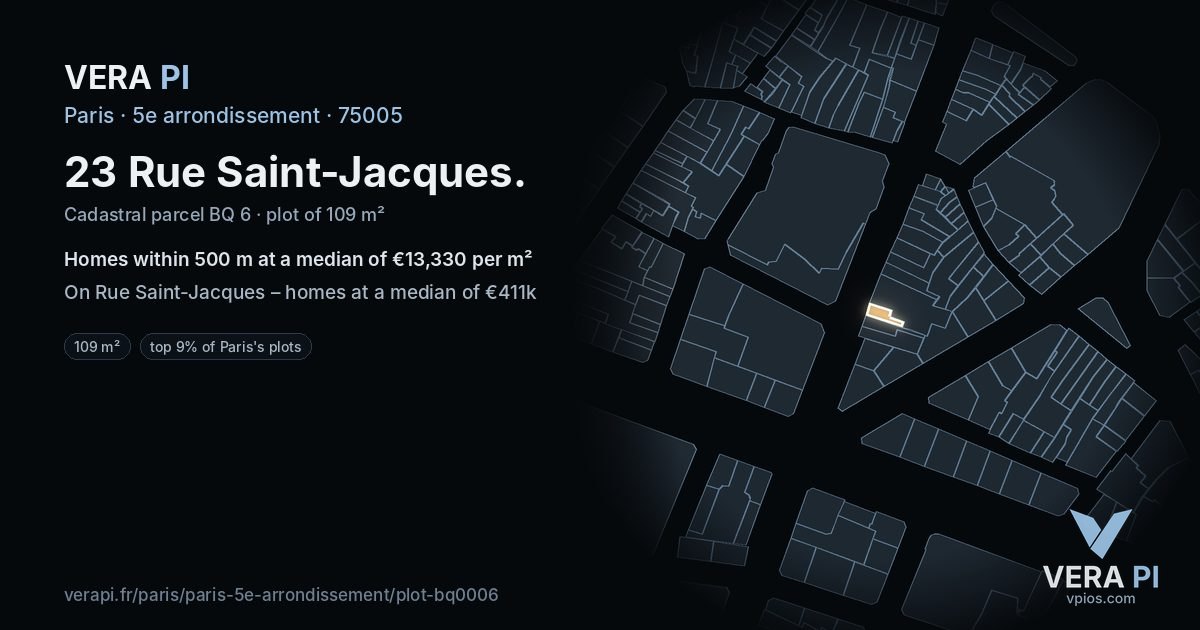 23 Rue Saint-Jacques, 5e arrondissement at night – the plot lit, the parcels around coloured by the prices near them