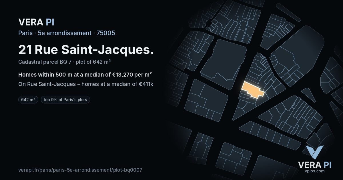 21 Rue Saint-Jacques, 5e arrondissement at night – the plot lit, the parcels around coloured by the prices near them