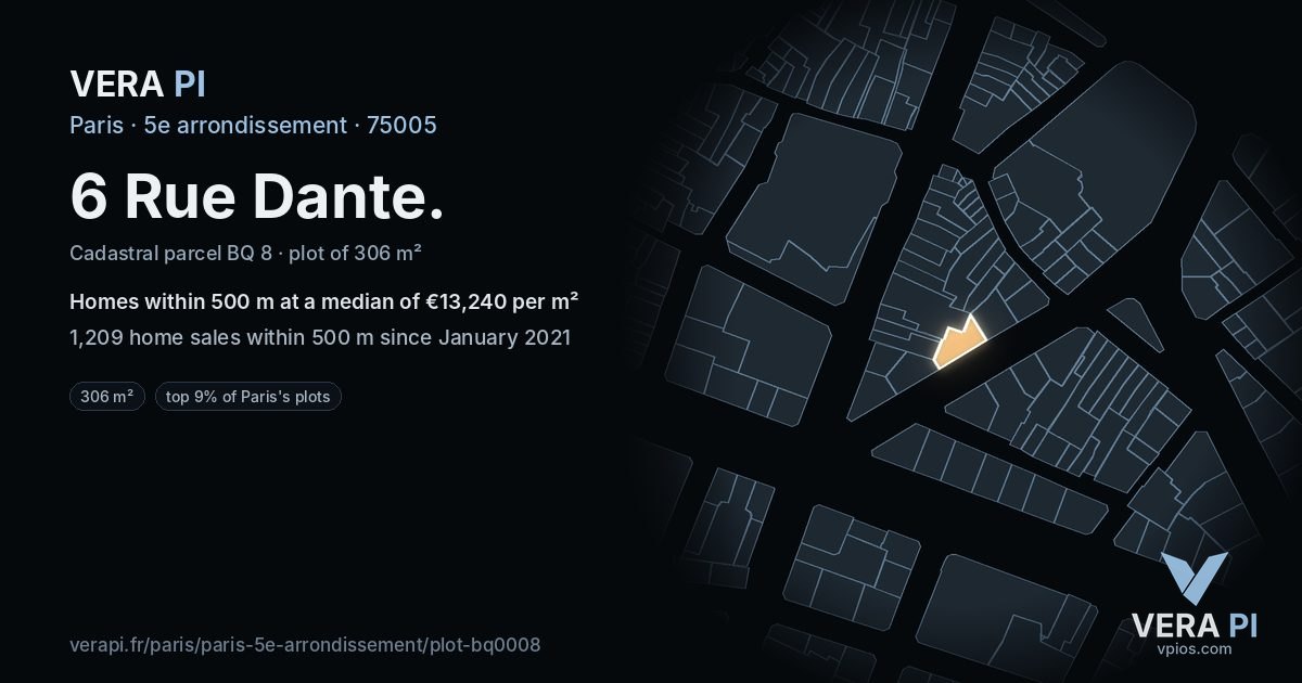 6 Rue Dante, 5e arrondissement at night – the plot lit, the parcels around coloured by the prices near them