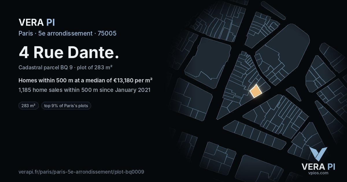 4 Rue Dante, 5e arrondissement at night – the plot lit, the parcels around coloured by the prices near them