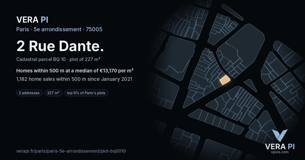 2 Rue Dante, 5e arrondissement at night – the plot lit, the parcels around coloured by the prices near them