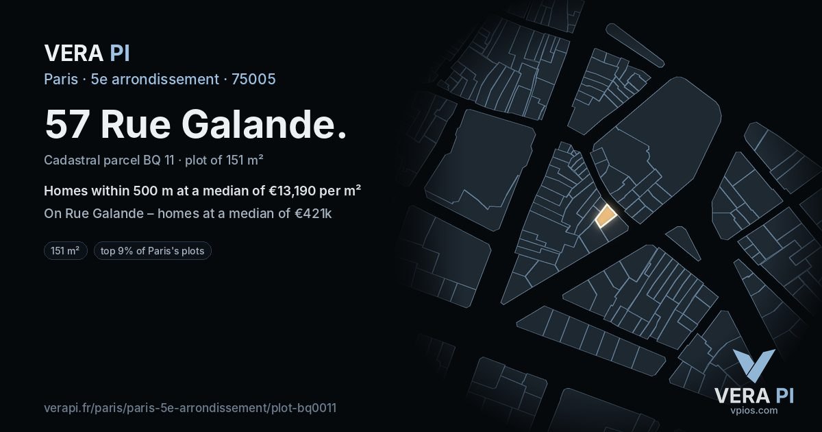 57 Rue Galande, 5e arrondissement at night – the plot lit, the parcels around coloured by the prices near them