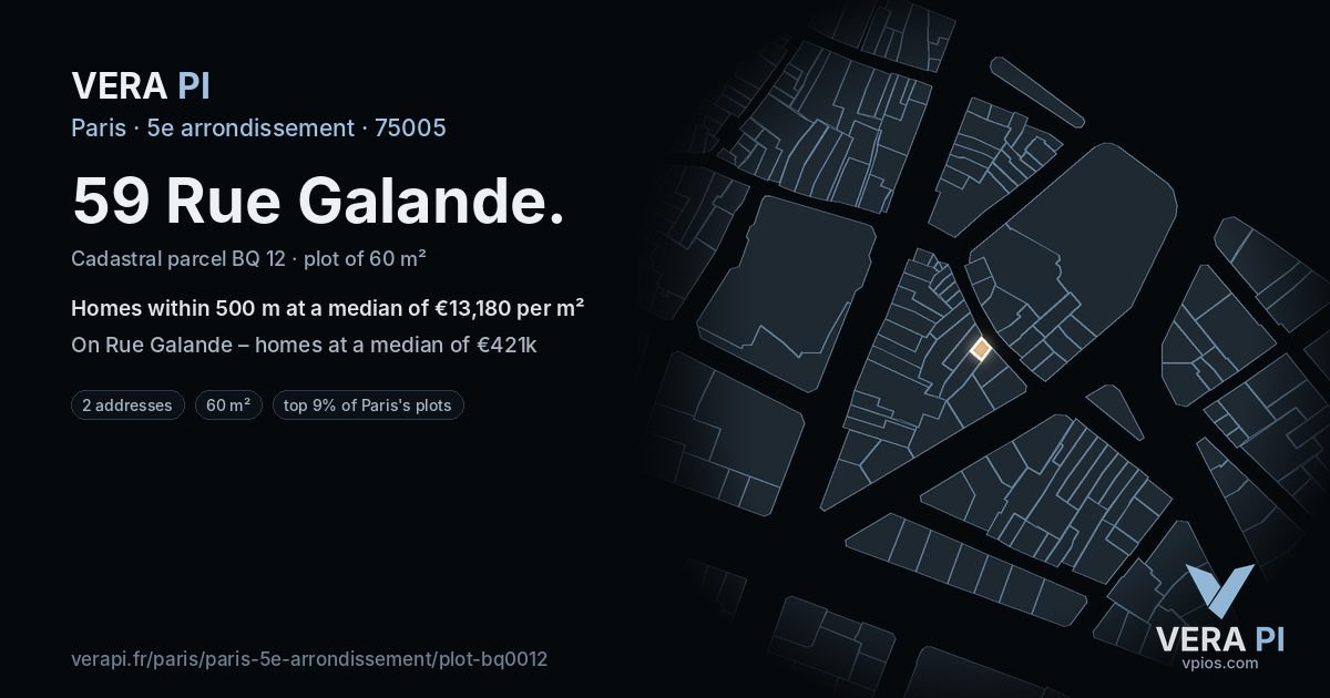59 Rue Galande, 5e arrondissement at night – the plot lit, the parcels around coloured by the prices near them