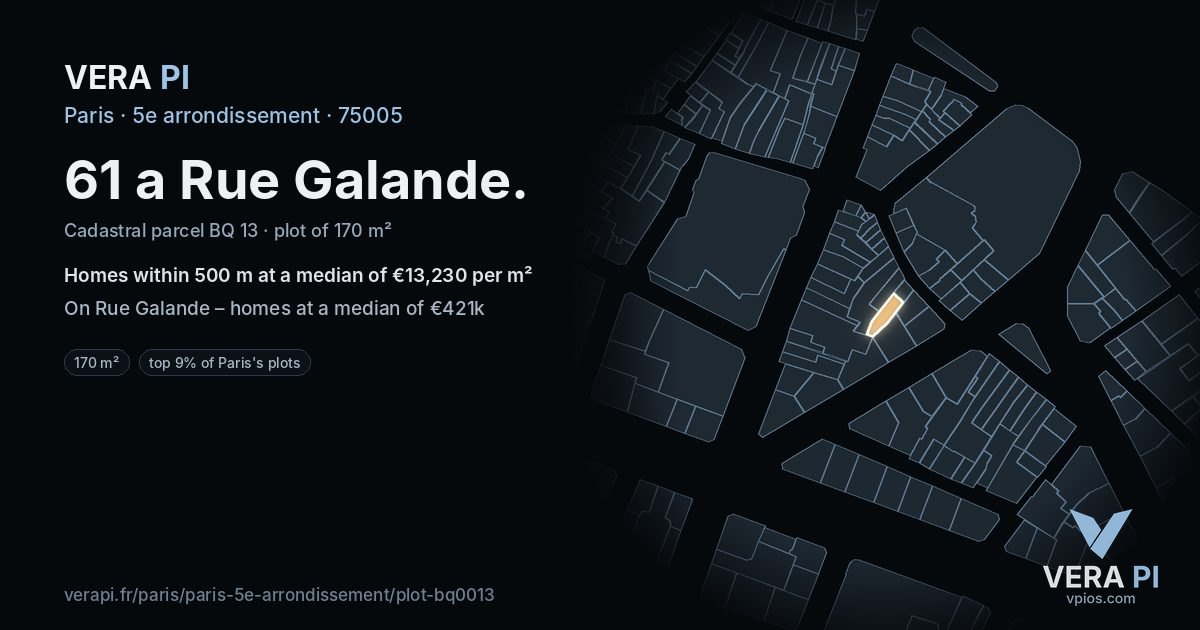 61 a Rue Galande, 5e arrondissement at night – the plot lit, the parcels around coloured by the prices near them