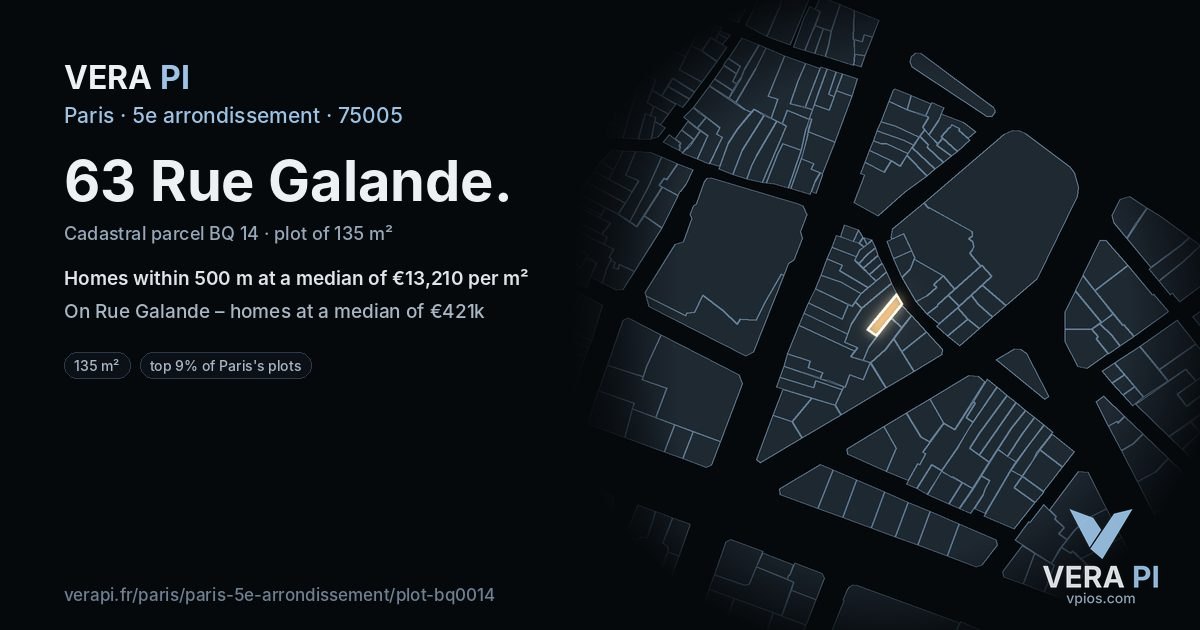 63 Rue Galande, 5e arrondissement at night – the plot lit, the parcels around coloured by the prices near them